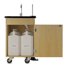 Diversified Spaces Mobile Hand Wash Station - Single Foot Pump, Oak, 24"W x 24"D x 36"H (Door open, Water tanks shown)