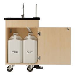 Diversified Spaces Mobile Hand Wash Station - Single Foot Pump, Maple, 24"W x 24"D x 36"H (Door open, Water tanks shown)