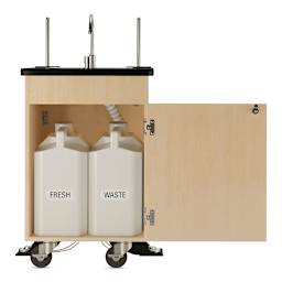 Diversified Spaces Mobile Hand Wash Station - Dual Foot Pump, Maple, 24"W x 24"D x 36"H (Door open, Water tanks shown)