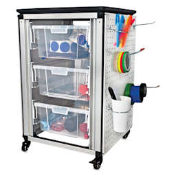 Modular Storage Cabinet, demonstration of the single module with 3 large bins filled with supplies