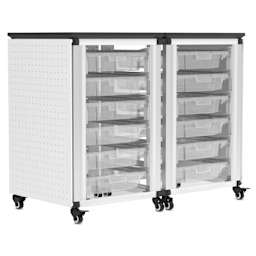 Modular Storage Cabinet, pegboard side of the 2 side-by-side module with 12 small bins. 