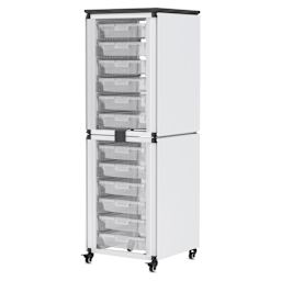 Modular Storage Cabinet, whiteboard side of the 2 stacked module with 12 small bins.