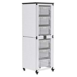 Modular Storage Cabinet, pegboard side of the 2 stacked module with 6 large bins.