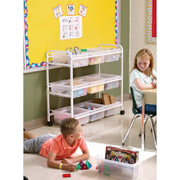 Copernicus STEM Storage Cart - White, 9 Clear Bins, inside classroom