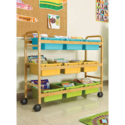 Copernicus Bamboo Book Browser Cart - Vibrant Cool, 9 Bins, infront of a wall