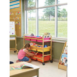 Copernicus Bamboo Book Browser Cart - Vibrant Warm, 9 Bins, child reaching inside bin