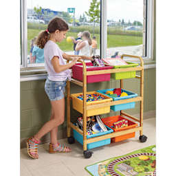 Copernicus Bamboo Book Browser Cart - Vibrant, 6 Bins, child reaching inside bin