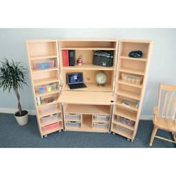 Whitney Brothers Teachers Hideaway Organization Cabinet, opened demonstrating drop down tray 