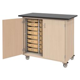 Hann Mobile Project Support Cabinet - Natural, Storage for 24 Tote Trays, door open