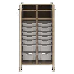 Safco Whiffle Typical 15 Double Storage Cart - Gray, double doors opened showing totes and shelves