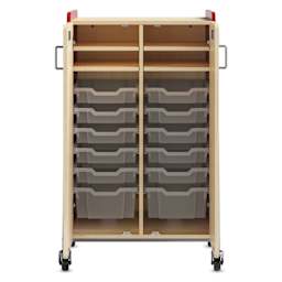 Safco Whiffle Typical 14 Double Storage Cart - Red, double doors opened showing totes and shelves