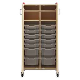 Safco Whiffle Typical 15 Double Storage Cart - Red, double doors opened showing totes and shelves