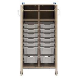 Safco Whiffle Typical 15 Double Storage Cart - Electric Blue, double doors opened showing totes and shelves