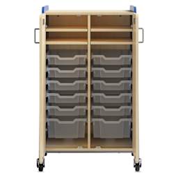 Safco Whiffle Typical 14 Double Storage Cart - Spectrum Blue, cart opened showing totes and shelves