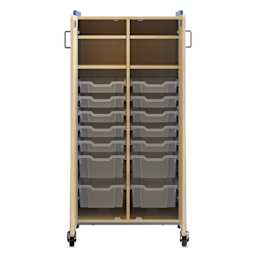 Safco Whiffle Typical 15 Double Storage Cart - Spectrum Blue, double doors opened showing totes and shelves