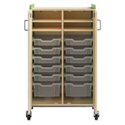Safco Whiffle Typical 14 Double Storage Cart - Green, double doors opened showing totes and shelves
