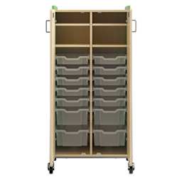 Safco Whiffle Typical 15 Double Storage Cart - Green, double doors opened showing totes and shelves