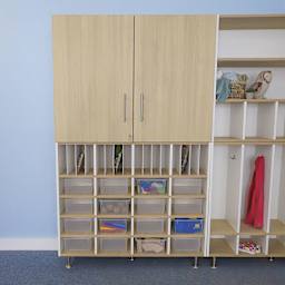 Whitney Brothers ElevatED Lockable Wall Cabinet, mounted over shelving unit (not included)