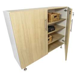 Whitney Brothers ElevatED Lockable Wall Cabinet, opened showing items inside (not included)