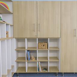 Whitney Brothers ElevatED 12 Cubby Cabinet, inside of a room