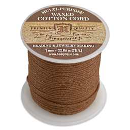 Hemptique Waxed Cotton Cord, spool of brown cord standing upward