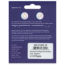 John Bead Beadwork Findings - Gold Heart, Pkg of 5, back of package