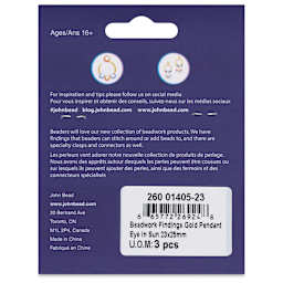 John Bead Beadwork Findings - Gold Eye in the Sun, Pkg of 3, back of package