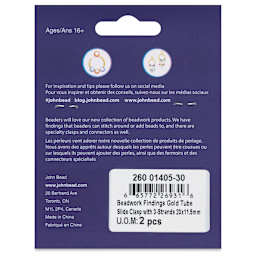 John Bead Beadwork Findings - Gold Tube, 3 Strands, Pkg of 2, back of package