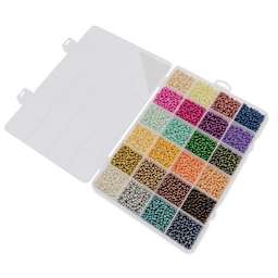 John Bead Color Mix Seed Bead Box - Metallics and More, Set of 24 with lid open