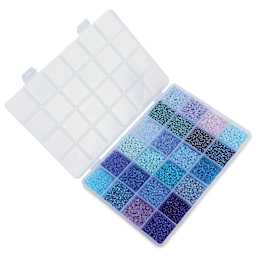 John Bead Color Mix Seed Bead Box - Blue Serenity, Set of 24 with open lid