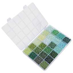 John Bead Color Mix Seed Bead Box - Green Fields, Set of 24 with open lid