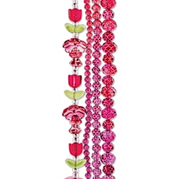 John Bead Crystal Lane DIY Glass Garden Bead Quadruple Strand - Tulips, Flowers, and Faceted Rondelles, Red