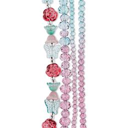 John Bead Crystal Lane DIY Glass Garden Bead Quadruple Strand - Butterflies, Flowers, and Faceted Rondelles, Teal to Pink Ombre