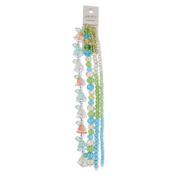 John Bead Crystal Lane DIY Glass Garden Bead Quadruple Strand - Flowers, Leaves, and Faceted Rondelles, Pink, Yellow, Teal, and Green Mix front of packaging