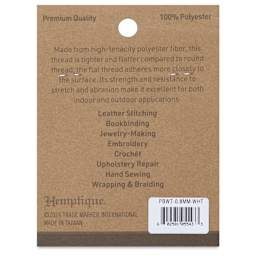 Hemptique Braided & Flat Waxed Thread - White, 0.8 mm, 50 yds - back of packaging