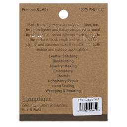 Hemptique Braided & Flat Waxed Thread - Natural, 0.8 mm, 50 yds - back of packaging