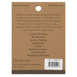 Hemptique Braided & Flat Waxed Thread - Black, 0.8 mm, 50 yds - back of packaging