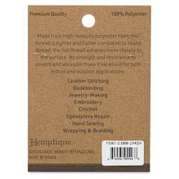 Hemptique Braided & Flat Waxed Thread - Dark Brown, 0.8 mm, 50 yds - back of packaging