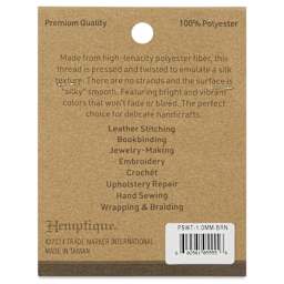 Hemptique Silky Smooth Waxed Thread - Brown, 1 mm, 25 yds - back of packaging
