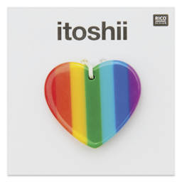 Rico Design Itoshii Plastic Disc Bead - Rainbow Heart, 26 mm W x 23 mm L x 3 mm H - front of packaging