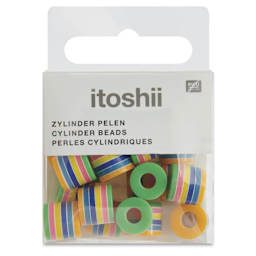 Rico Design Itoshii Plastic Beads - Pkg of 21, Rainbow Stripes, 10 mm W x 9 mm Dia.