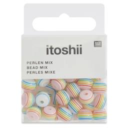 Rico Design Itoshii Plastic Beads - Pkg of 48, Rainbow w/ White Stripes, 8 mm Dia.