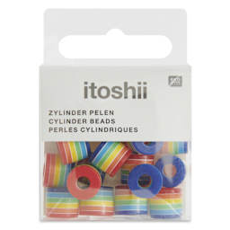 Rico Design Itoshii Plastic Beads - Pkg of 21, Rainbow w/ White Stripes, 10 mm W x 9 mm Dia.