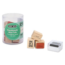 Hero Arts Handmade Mini Tub Woodblock Stamps - Set of 10 packaging and stamps with ink pad