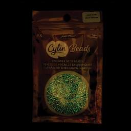 John Bead Cylin 11/0 Glow in the Dark Cylindrical Seed Beads - Grey AB, 25g front of packaging to show glow effect