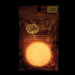John Bead Cylin 11/0 Glow in the Dark Cylindrical Seed Beads - Coral, 25g front of packaging to show glow effect