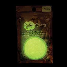 John Bead Cylin 11/0 Glow in the Dark Cylindrical Seed Beads - Yellow, 25g front of packaging to show glow effect
