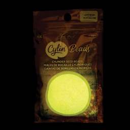 John Bead Cylin 11/0 Glow in the Dark Cylindrical Seed Beads - Light Yellow, 25g front of packaging to show glow effect
