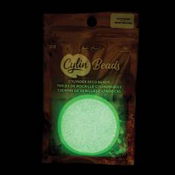 John Bead Cylin 11/0 Glow in the Dark Cylindrical Seed Beads - Green, 25g front of packaging to show glow effect