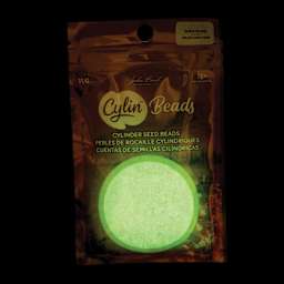 John Bead Cylin 11/0 Glow in the Dark Cylindrical Seed Beads - White to Green AB, 25g front of packaging showing glow effect